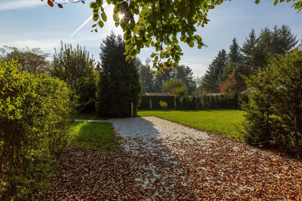 Immobilienfotograf für Grundstücksfotografie, Sonniges Wetter mit Laub
